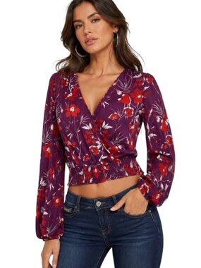 Guess Smocked Waist Cropped Blouse Top Crossover Front Purple Red Floral Medium